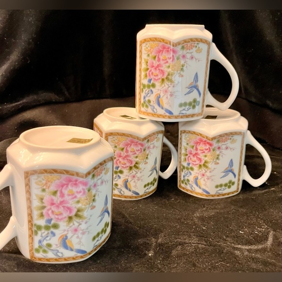 Homco Japan 4 Mugs Cups Hexagon Gilded Peonies Bluebirds Bridgerton China Gift - Picture 13 of 17